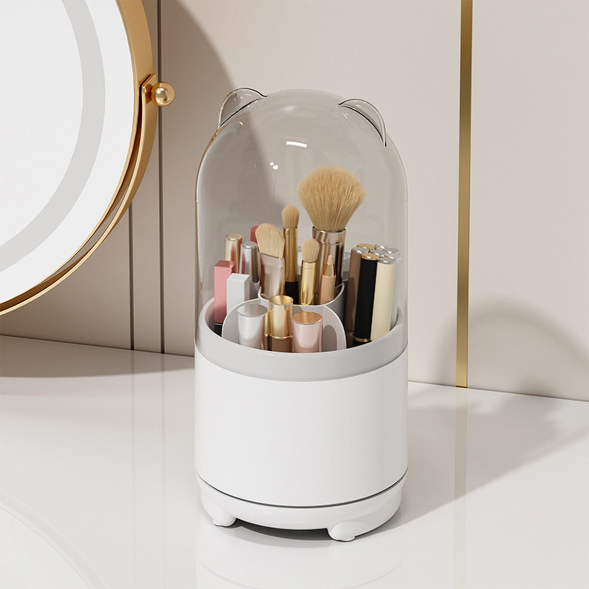Makeup Brush Storage Container 360 Degree Rotating Dust Prevention Transparent Lid Large Capacity Makeup Brush Holder White