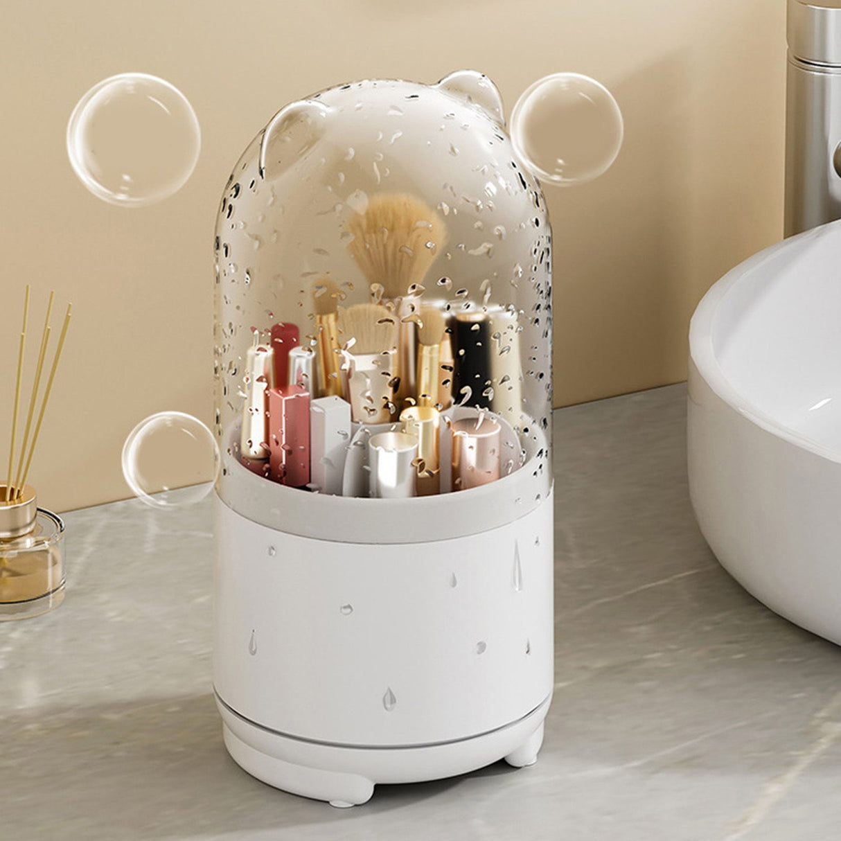 Makeup Brush Storage Container 360 Degree Rotating Dust Prevention Transparent Lid Large Capacity Makeup Brush Holder White