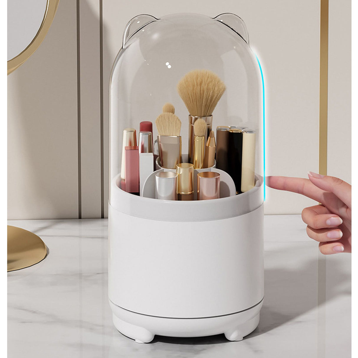 Makeup Brush Storage Container 360 Degree Rotating Dust Prevention Transparent Lid Large Capacity Makeup Brush Holder White