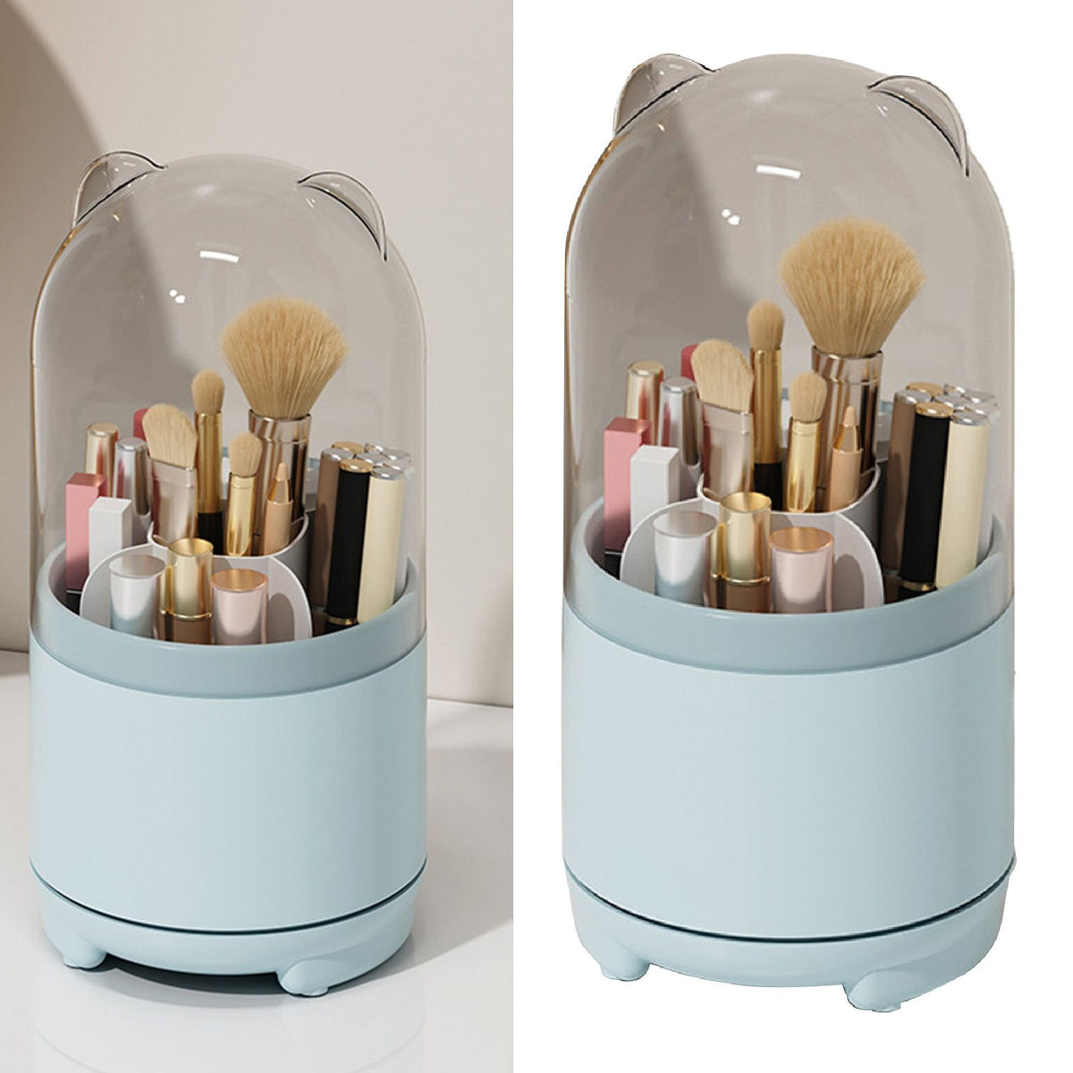 Makeup Brush Storage Container 360 Degree Rotating Dust Prevention Transparent Lid Large Capacity Makeup Brush Holder Blue