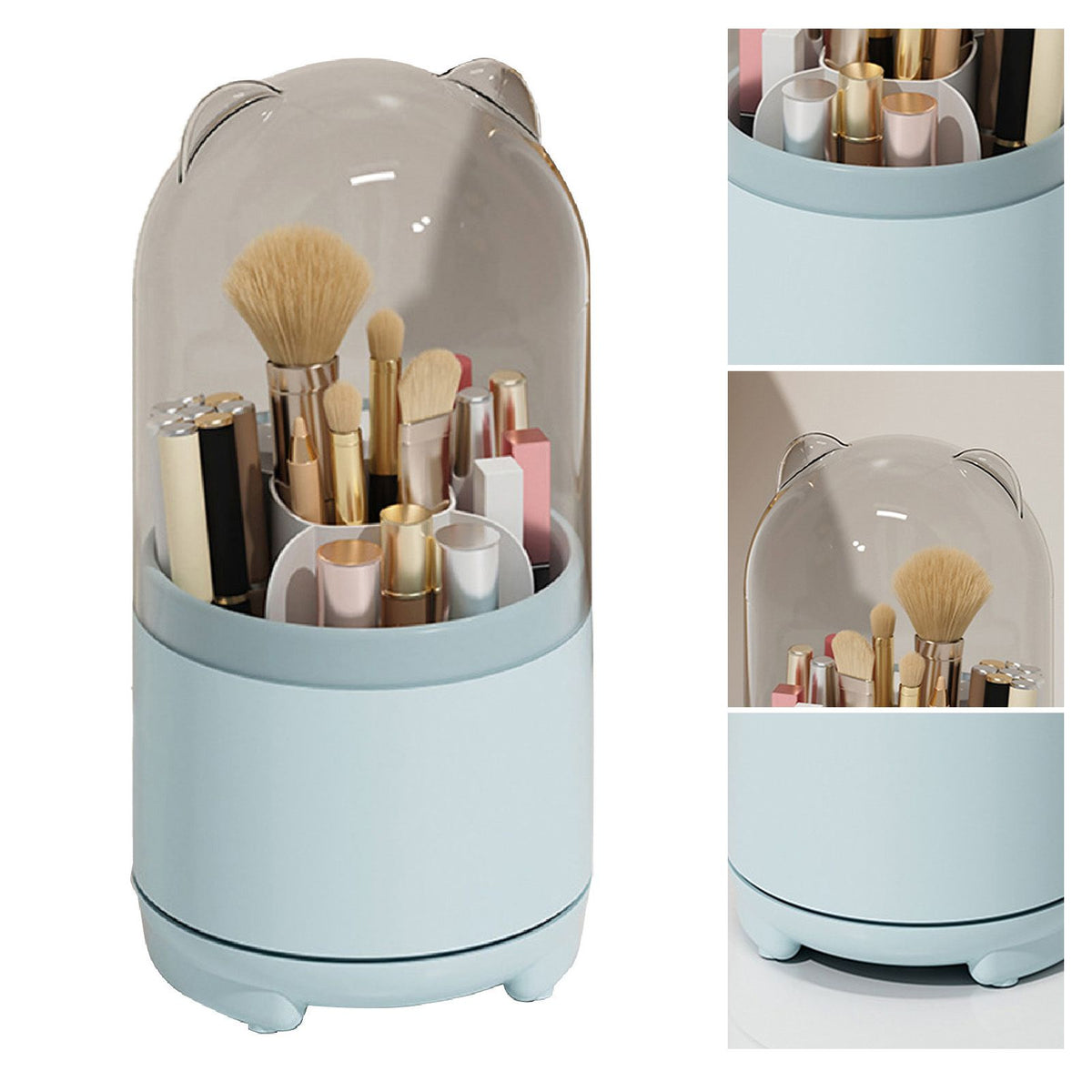 Makeup Brush Storage Container 360 Degree Rotating Dust Prevention Transparent Lid Large Capacity Makeup Brush Holder Blue