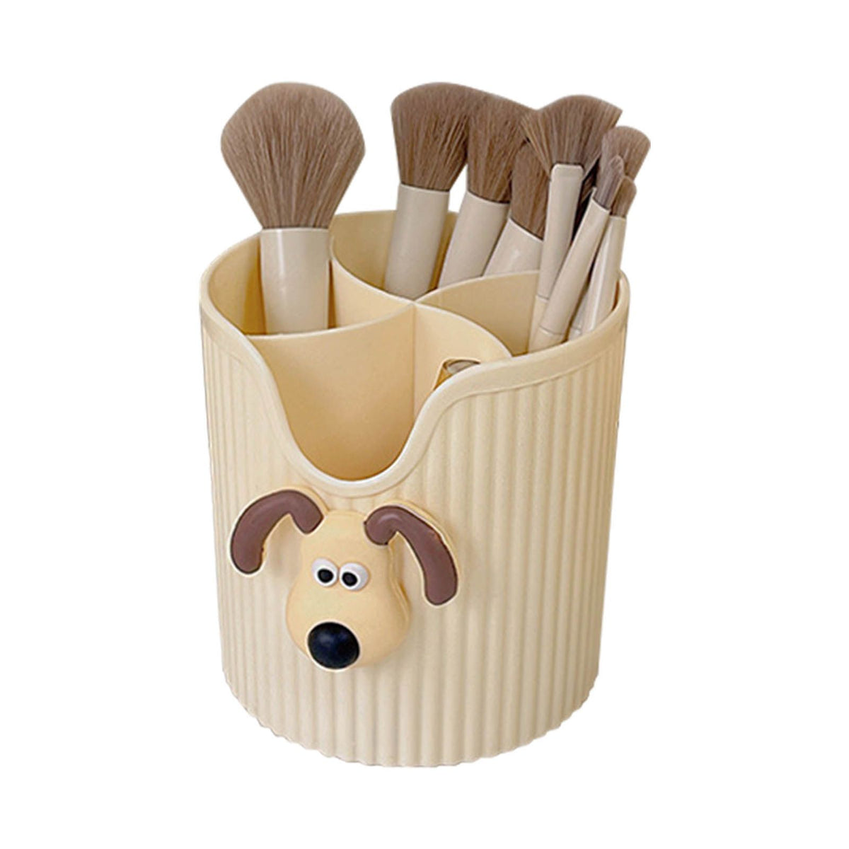Desk Pencil Pen Holder 4 Compartments Large Capacity Cute School Supplies Makeup Brush Organizer Milky Yellow Dog Head