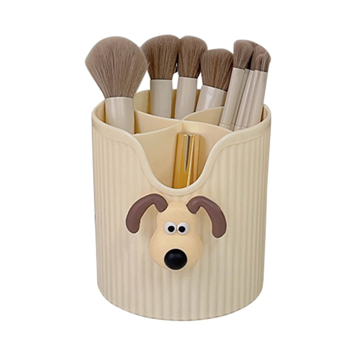 Desk Pencil Pen Holder 4 Compartments Large Capacity Cute School Supplies Makeup Brush Organizer Milky Yellow Dog Head