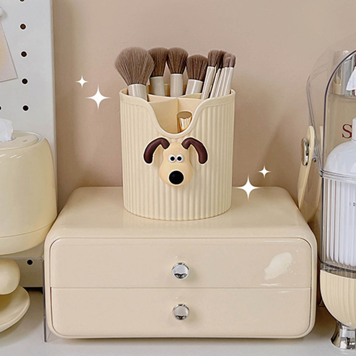 Desk Pencil Pen Holder 4 Compartments Large Capacity Cute School Supplies Makeup Brush Organizer Milky Yellow Dog Head