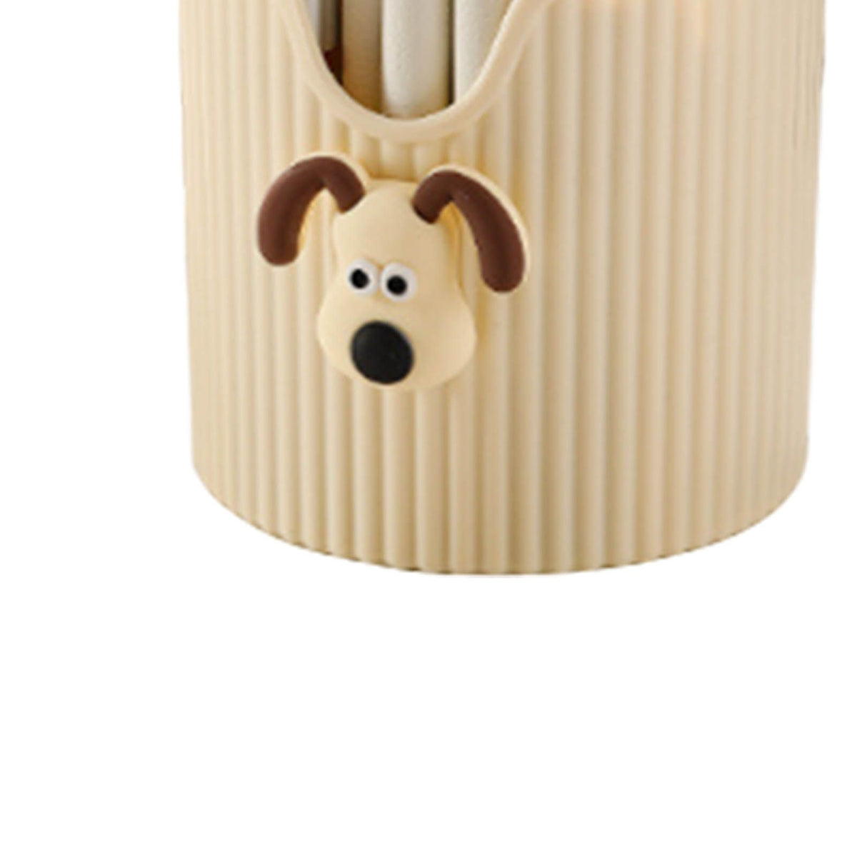 Desk Pencil Pen Holder 4 Compartments Large Capacity Cute School Supplies Makeup Brush Organizer Milky Yellow Dog Head