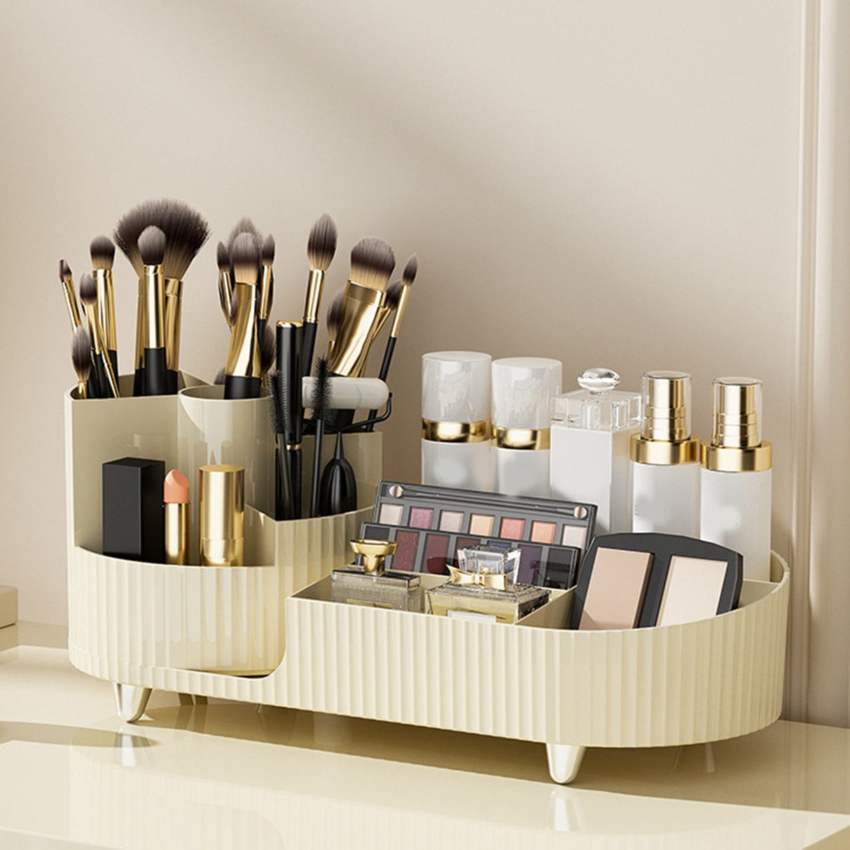 Makeup Storage Organizer Large Capacity Perforation Free Rotatable Partition Cosmetic Storage Box White
