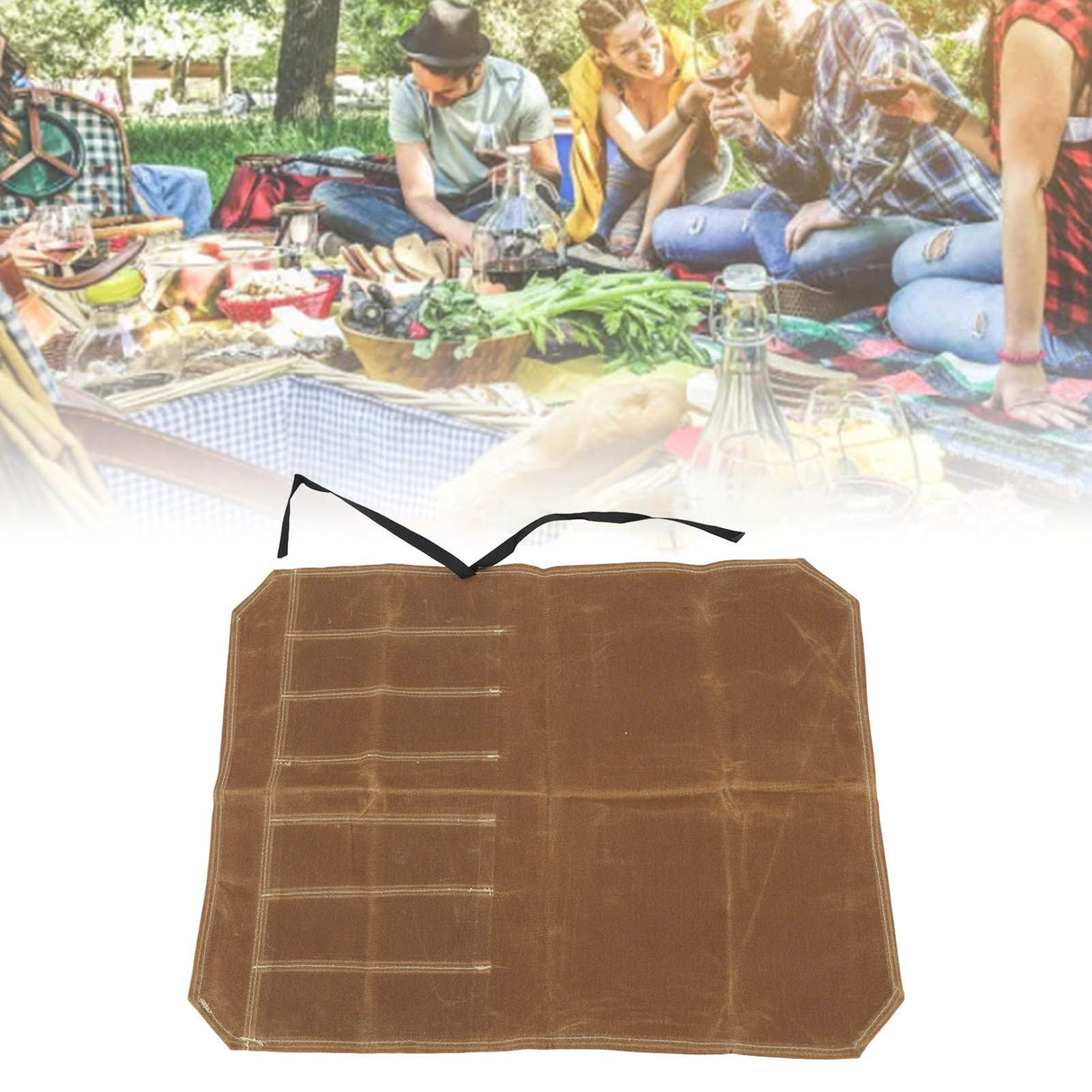 Camping Utensil Bag Canvas Cookware Knife Storage Bag Portable Tools Travel Bag for Outdoor BBQ Khaki