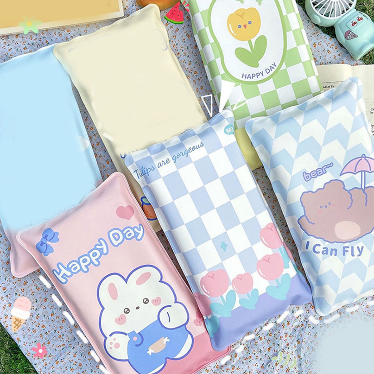 Water Filling Ice Pillow Multifunctional Summer Cartoon Cooling Cushion Mat Chair Pad for Children Blue Plaid Tulips