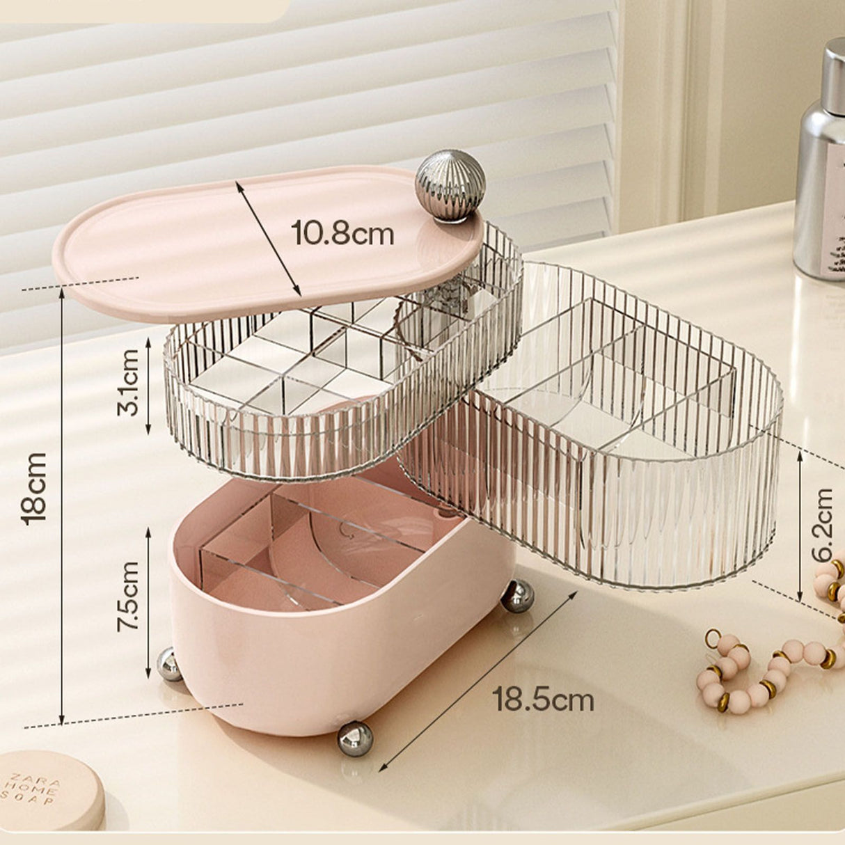 Desktop Storage Box 3 Tier Rotating Divided Organizer for Jewelry Data Cable Cosmetic Cream Pink