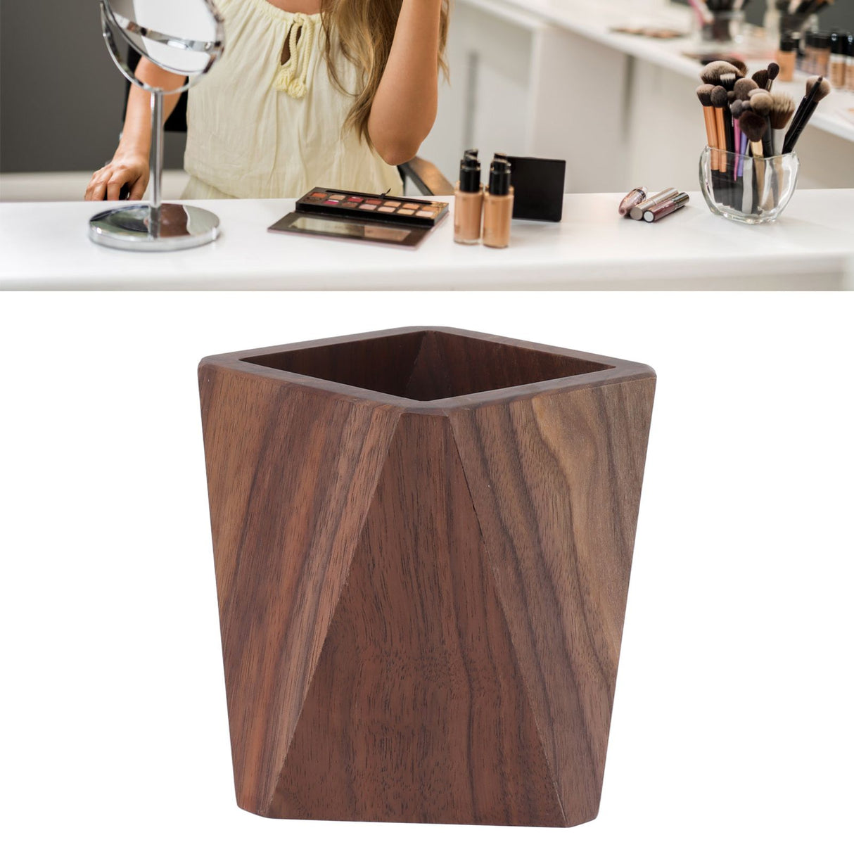 Cooking Utensil Container Smoothing Stable Large Capacity Simple Wooden Pen Holder for Kitchen Family Office Rhombic(3.9x4.3in)