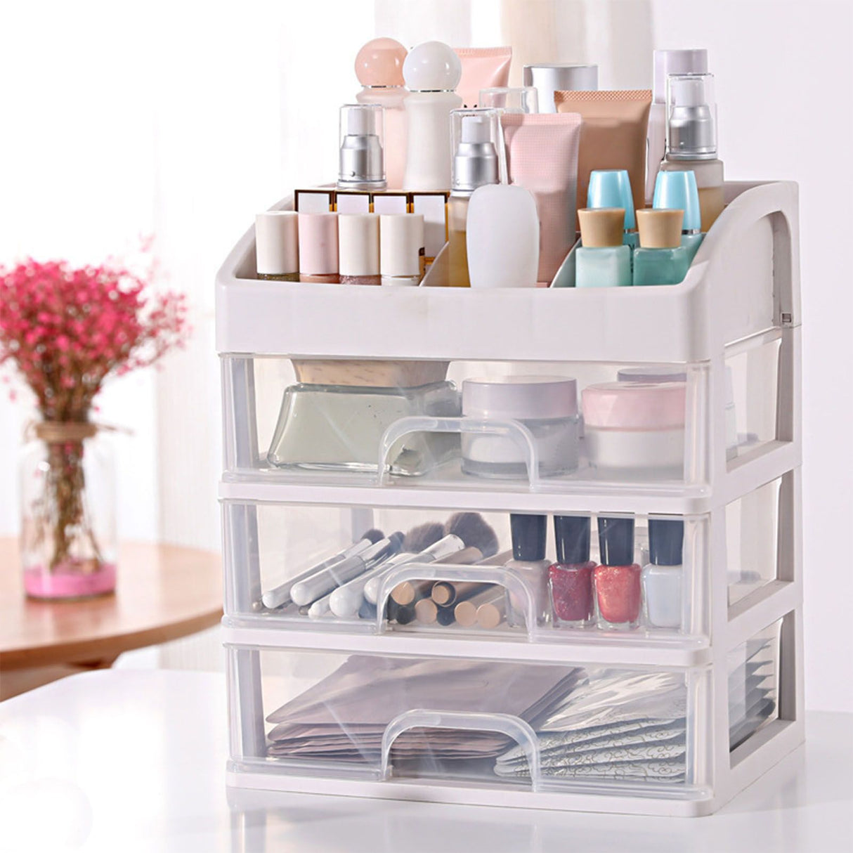 Desktop Organizer 3 Drawer Clear Plastic Desk Storage for Office Stationary Makeup Organizer Bathroom White