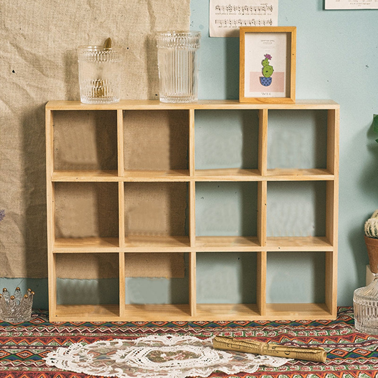 12 Grids Action Figure Wooden Storage Shelf Figure Wood Shadow Box Shelf Organizer for Bedroom Living Room Study Without Back Plate