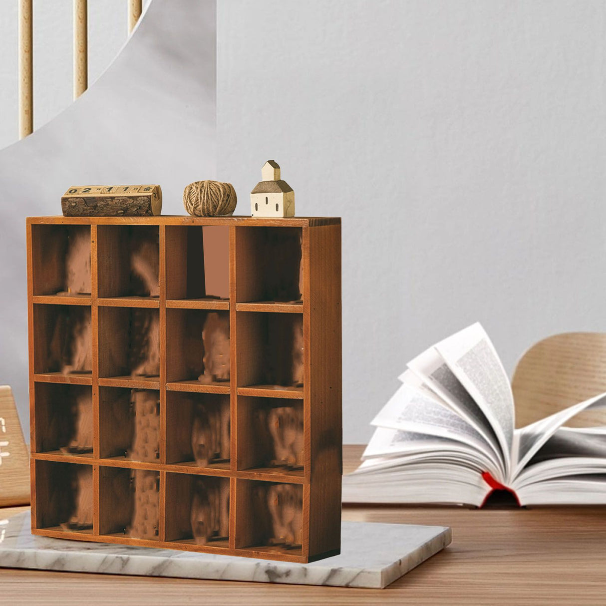 Wall Mounted Figures Display Shelves Rack Retro Wooden Figures Display Case for Home Bedroom 16 Grids