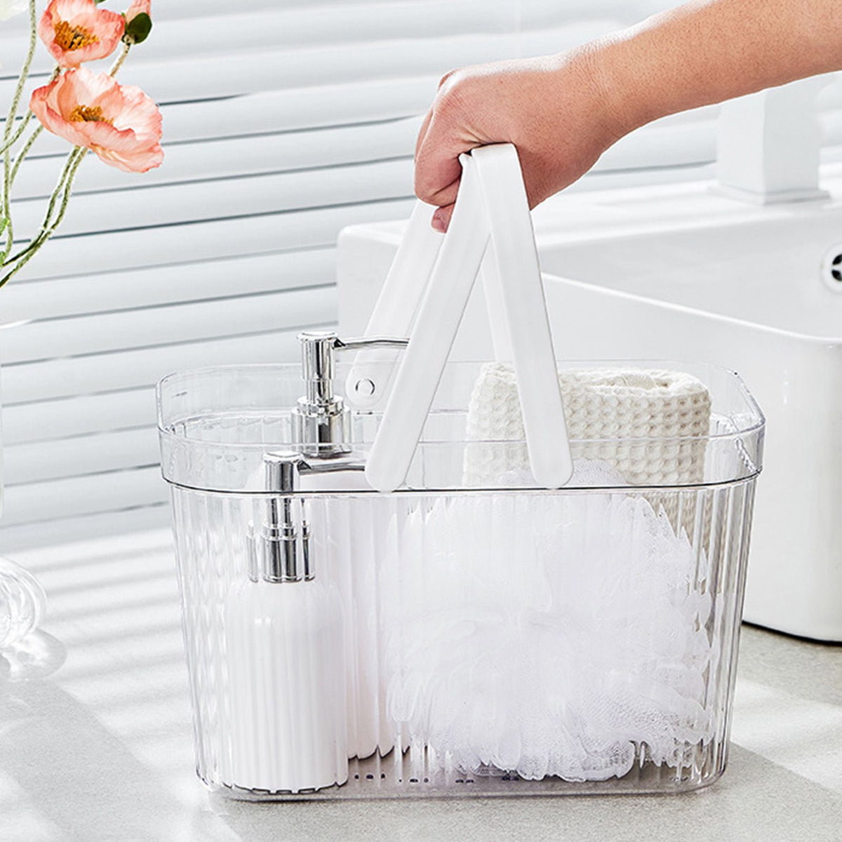 Bath Organizer Basket Stylish Clear Stripe Large Capacity Shower Storage Organizer with Handle for Bathroom White