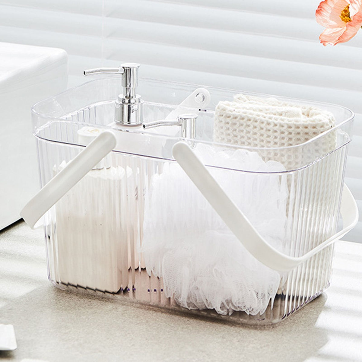Bath Organizer Basket Stylish Clear Stripe Large Capacity Shower Storage Organizer with Handle for Bathroom White
