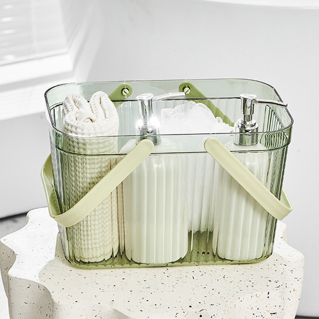 Bath Organizer Basket Stylish Clear Stripe Large Capacity Shower Storage Organizer with Handle for Bathroom Green