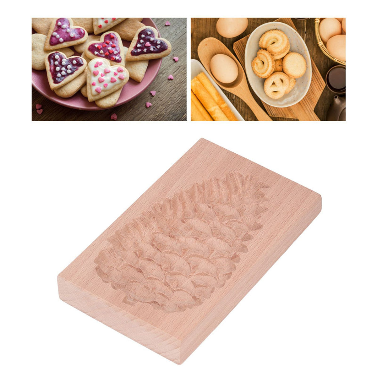 Wooden Cookie Mould Beechwood Reusable Washable Biscuit Press Stamp Mold for Kitchen Baking Pine Cone