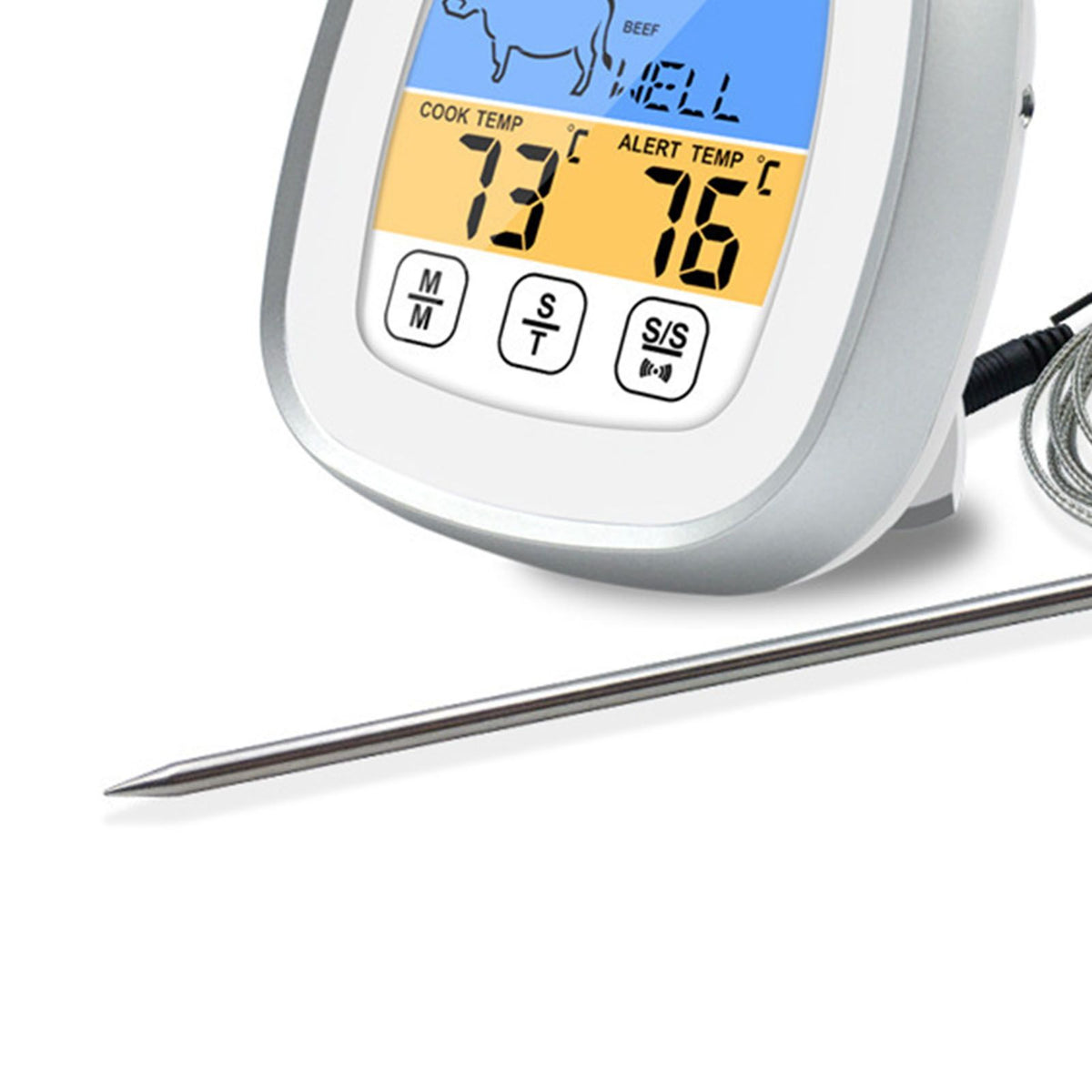 Digital Timer Thermometer Touch Screen Stainless Steel Meat Thermometer for Kitchen BBQ White