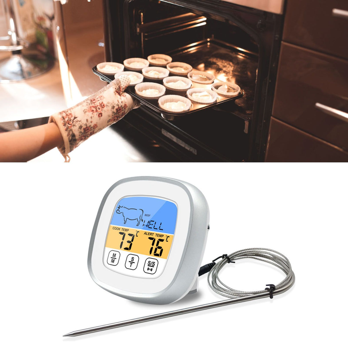 Digital Timer Thermometer Touch Screen Stainless Steel Meat Thermometer for Kitchen BBQ White