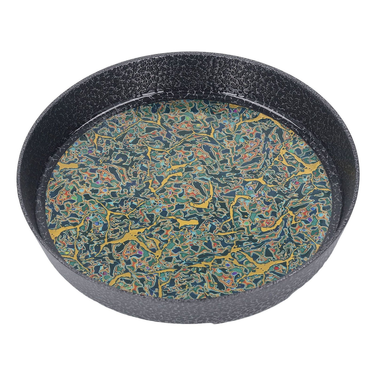 Small Tea Tray Complex Pattern Round Alloy Decorative Tea Serving Tray for Home Patio Porch Deck Green