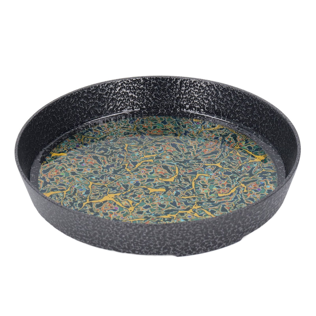 Small Tea Tray Complex Pattern Round Alloy Decorative Tea Serving Tray for Home Patio Porch Deck Green