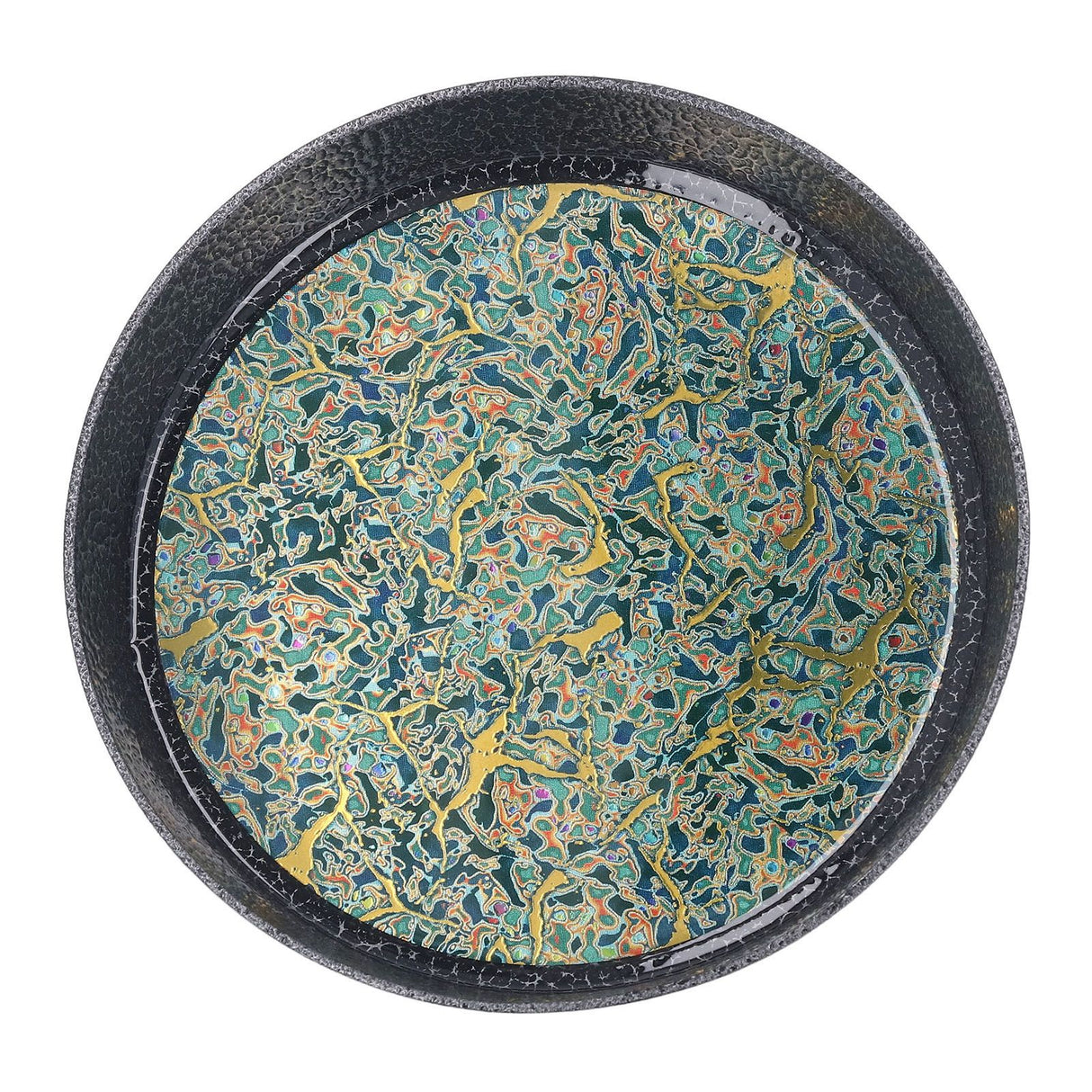 Small Tea Tray Complex Pattern Round Alloy Decorative Tea Serving Tray for Home Patio Porch Deck Green