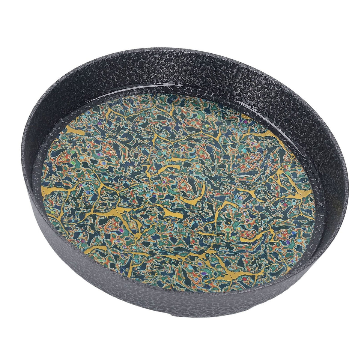 Small Tea Tray Complex Pattern Round Alloy Decorative Tea Serving Tray for Home Patio Porch Deck Green
