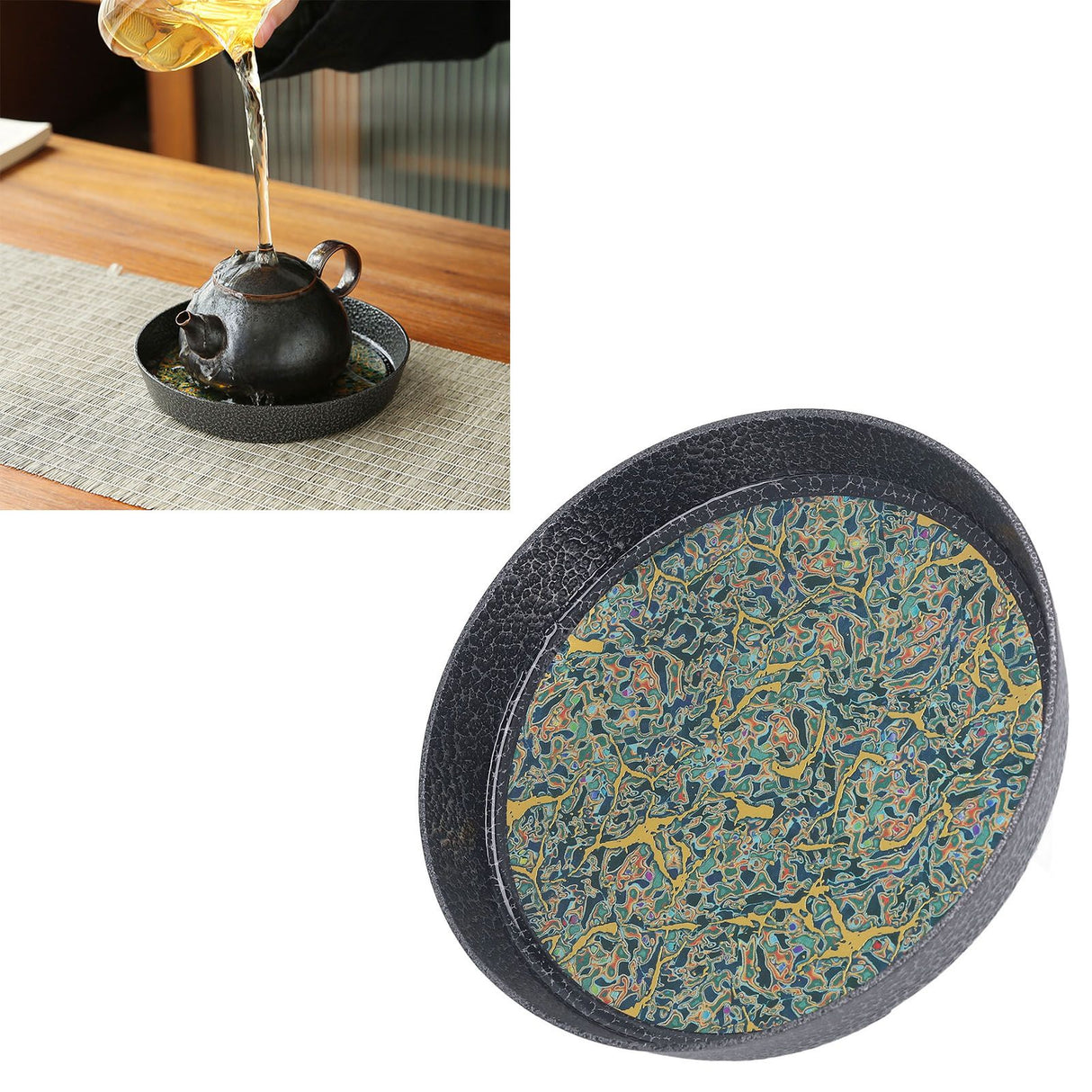 Small Tea Tray Complex Pattern Round Alloy Decorative Tea Serving Tray for Home Patio Porch Deck Green