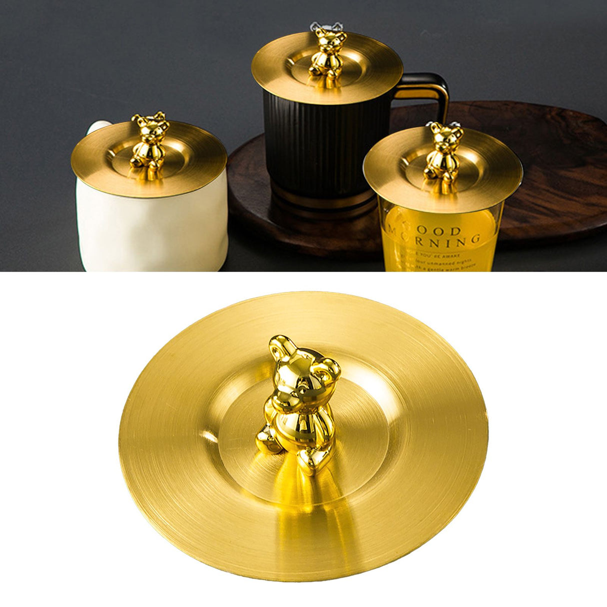 Cute Bear Cup Cover Stainless Steel Dustproof Rounded Edges Glossy Surface Artistic Cup Lid for Mug Glass Cup Gold