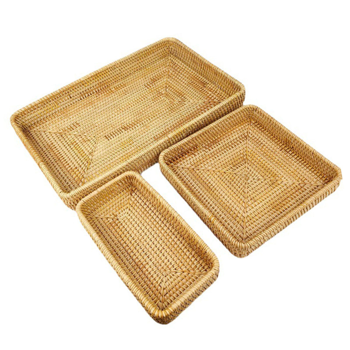 Rattan Tray Tabletop Organization Hand Woven Snack Storage Basket Multifunctional Serving Tray 3 Pcs Set