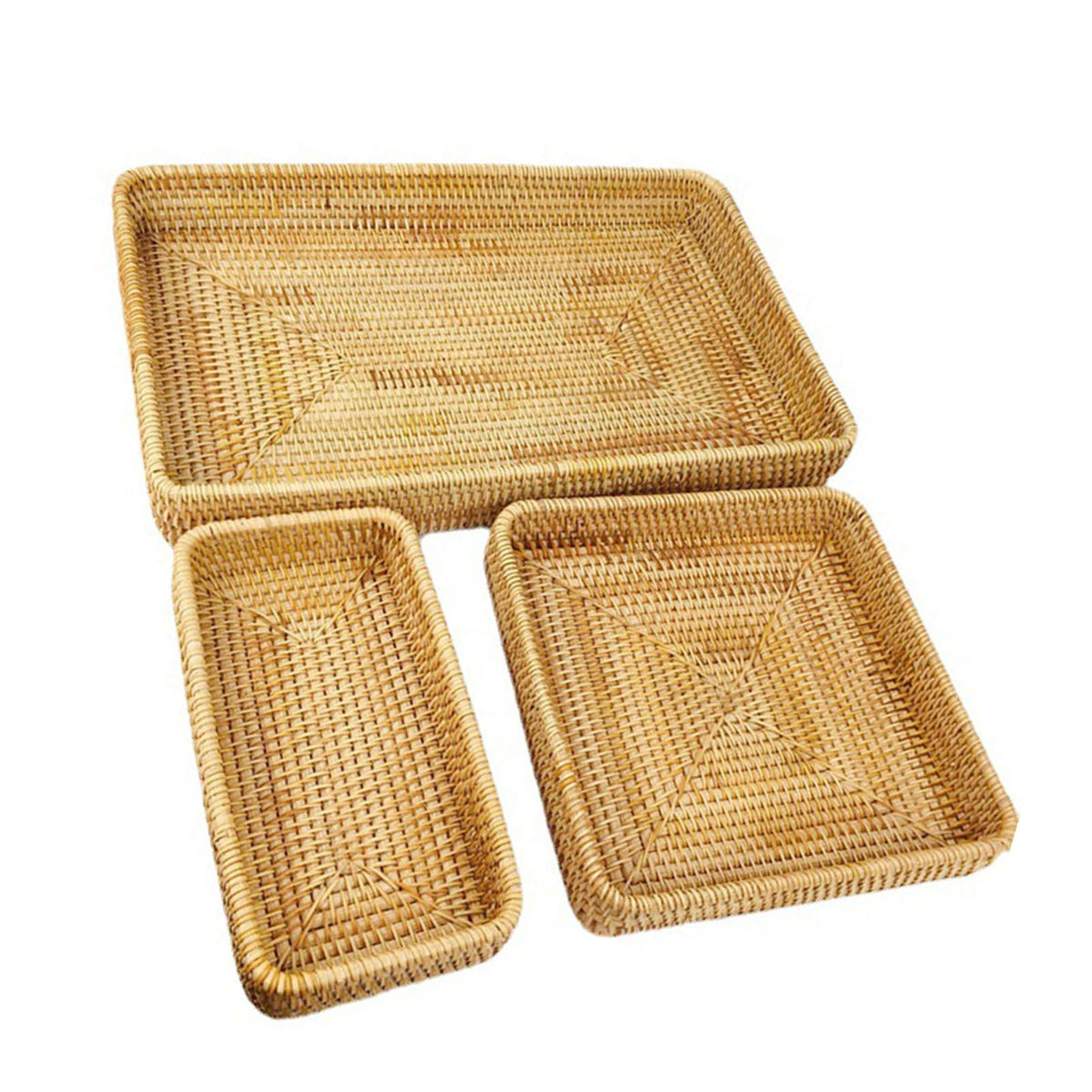 Rattan Tray Tabletop Organization Hand Woven Snack Storage Basket Multifunctional Serving Tray 3 Pcs Set