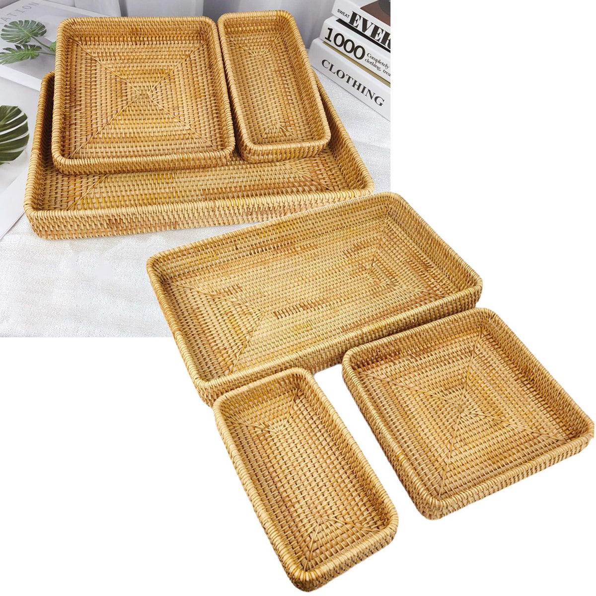 Rattan Tray Tabletop Organization Hand Woven Snack Storage Basket Multifunctional Serving Tray 3 Pcs Set