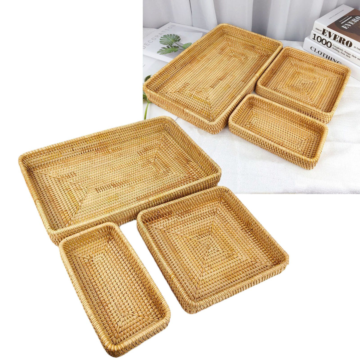 Rattan Tray Tabletop Organization Hand Woven Snack Storage Basket Multifunctional Serving Tray 3 Pcs Set