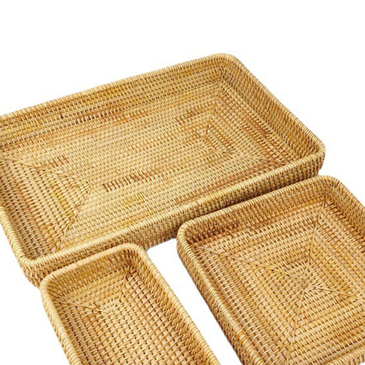 Rattan Tray Tabletop Organization Hand Woven Snack Storage Basket Multifunctional Serving Tray 3 Pcs Set
