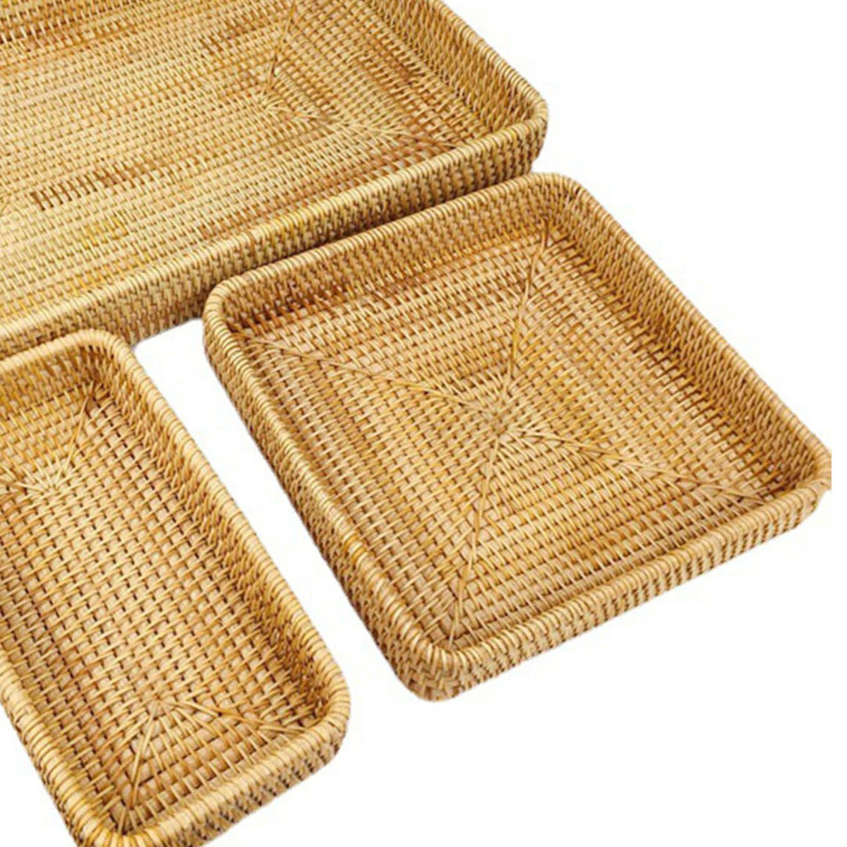 Rattan Tray Tabletop Organization Hand Woven Snack Storage Basket Multifunctional Serving Tray 3 Pcs Set