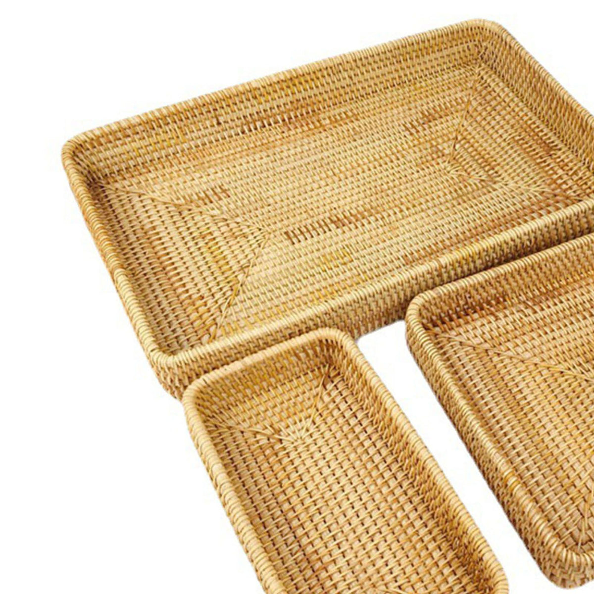 Rattan Tray Tabletop Organization Hand Woven Snack Storage Basket Multifunctional Serving Tray 3 Pcs Set