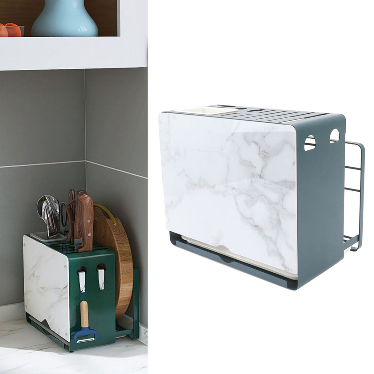 Multifunctional Knife Blocks with White Plate Cutting Board Pot Lid Holder for Countertop Organization Kitchen Storage Wall Mount Green Frame