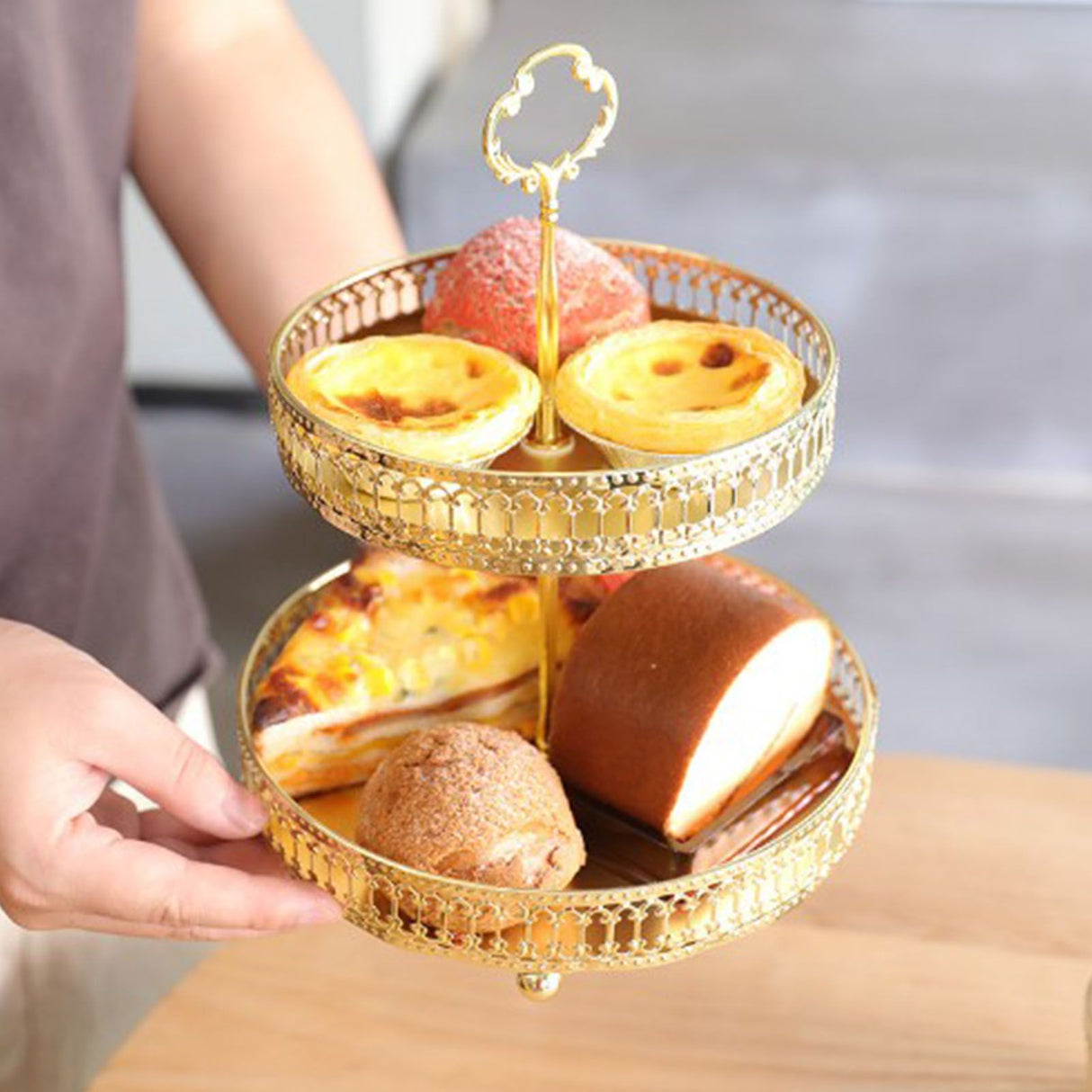 Double Layer Pastry Tray Decorative Copper Gold Biscuits Dessert Display Plate for Wedding Vertical Grain