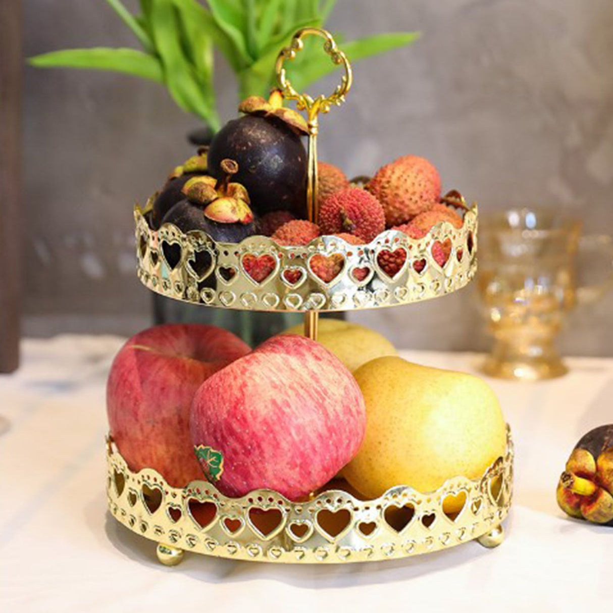 Double Layer Pastry Tray Decorative Copper Gold Biscuits Dessert Display Plate for Wedding Hollowed Out Love Heart