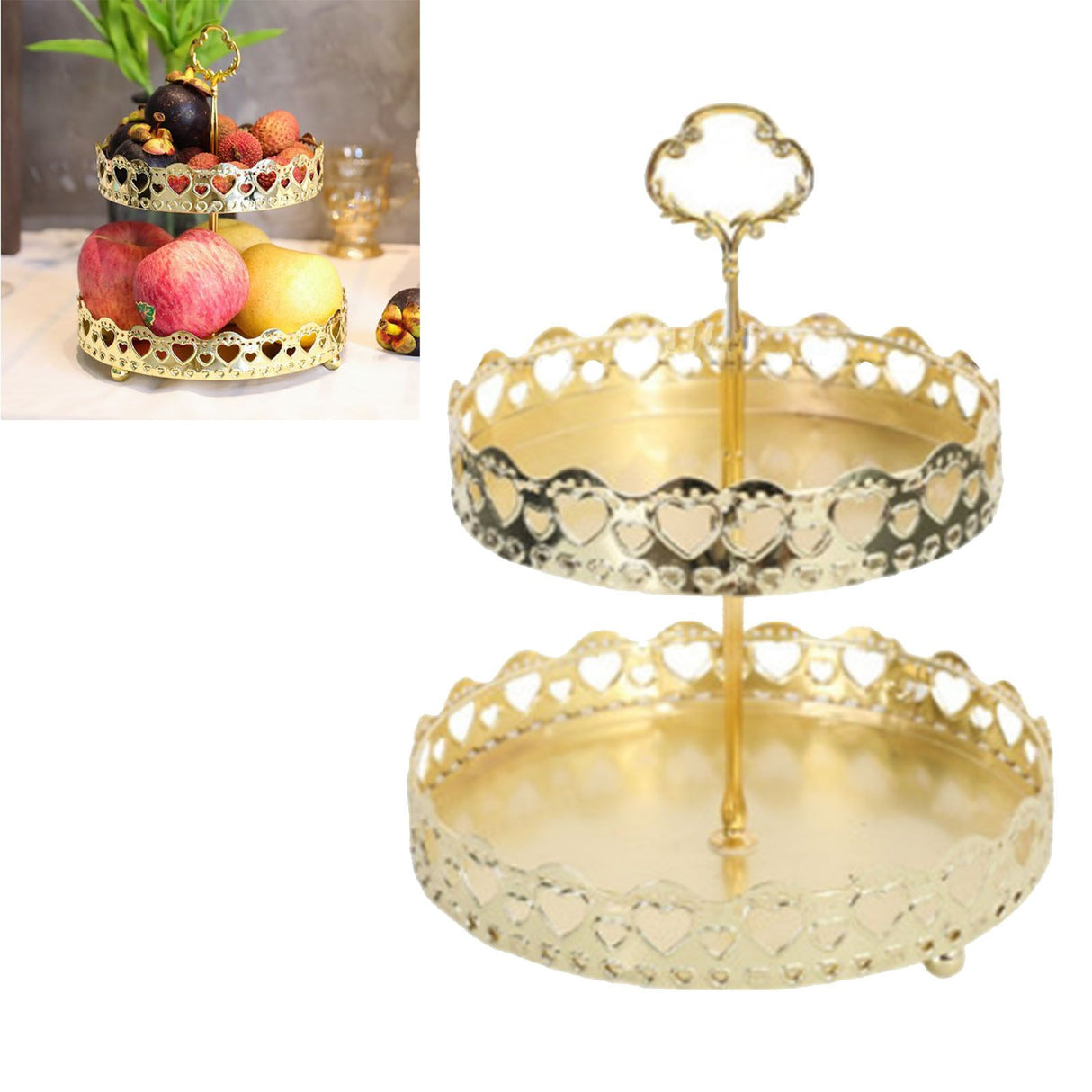 Double Layer Pastry Tray Decorative Copper Gold Biscuits Dessert Display Plate for Wedding Hollowed Out Love Heart