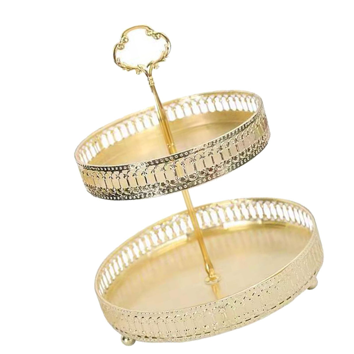 Double Layer Pastry Tray Decorative Copper Gold Biscuits Dessert Display Plate for Wedding Hollowed Out Vertical Grain