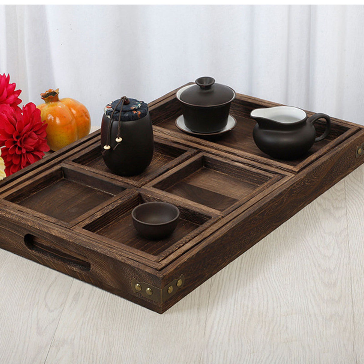 Wood Tea Tray Fade Resistant Exquisite Retro Reinforced Rectangular Tea Serving Tray