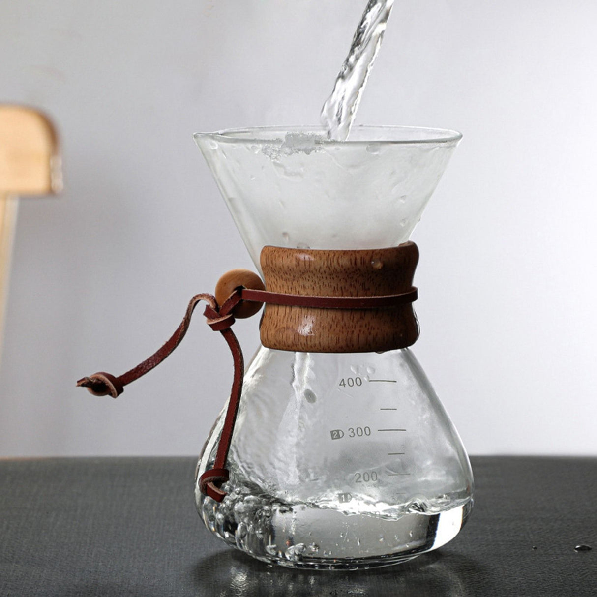 Pour Over Coffee Maker 400ml Double Layer Filter V Spout Wooden Sleeve Coffee Brewer for Home Cafe Party
