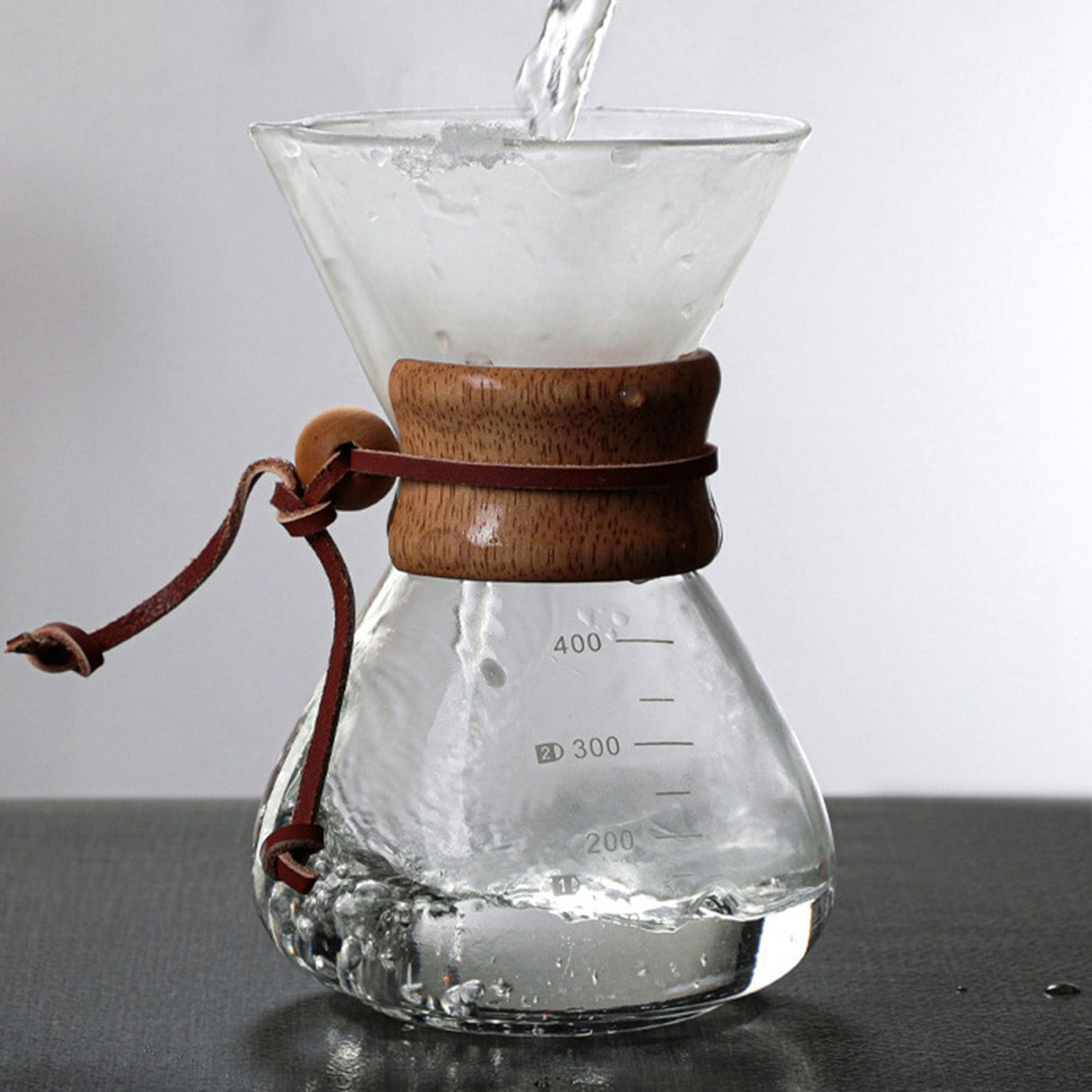 Pour Over Coffee Maker 400ml Double Layer Filter V Spout Wooden Sleeve Coffee Brewer for Home Cafe Party