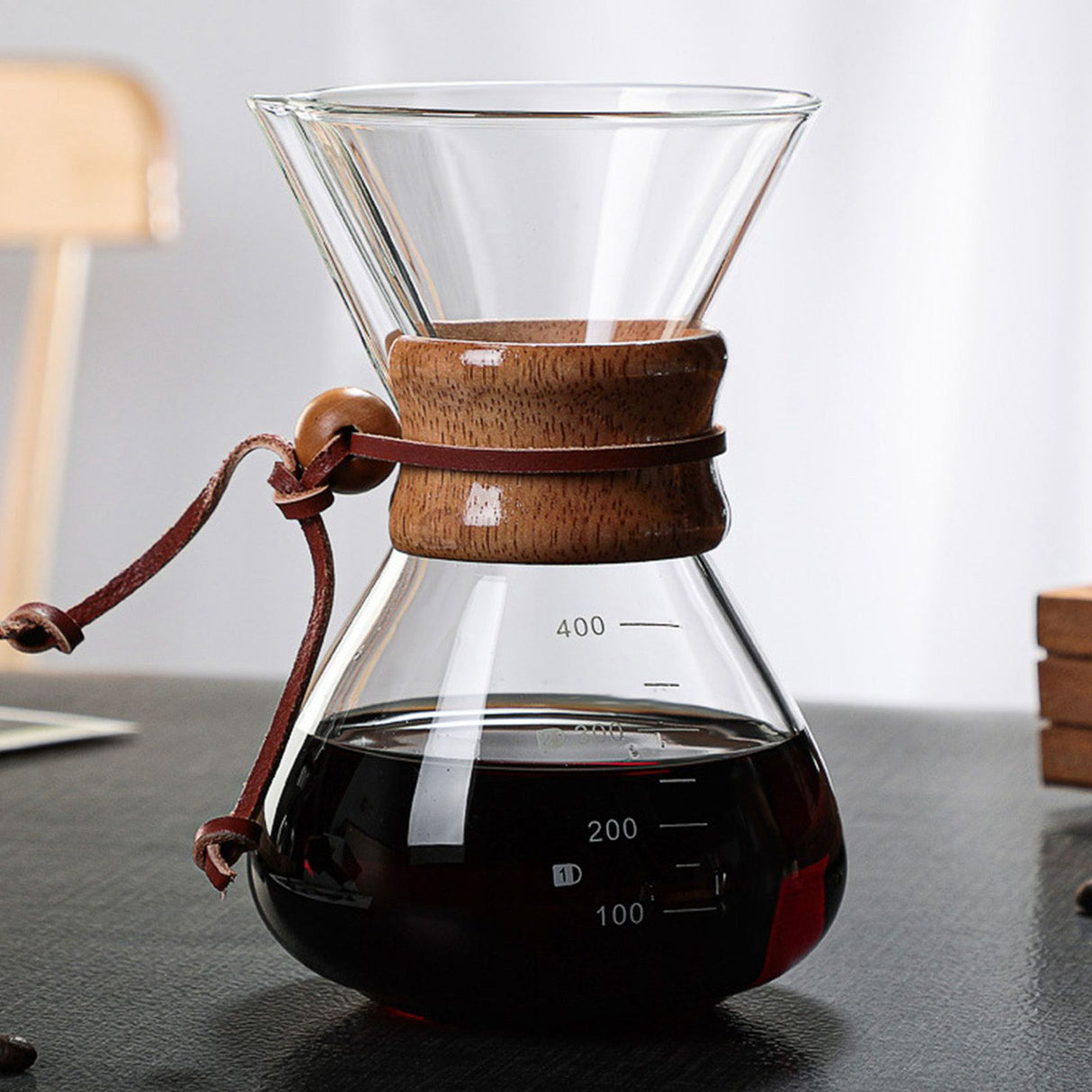 Pour Over Coffee Maker 400ml Double Layer Filter V Spout Wooden Sleeve Coffee Brewer for Home Cafe Party