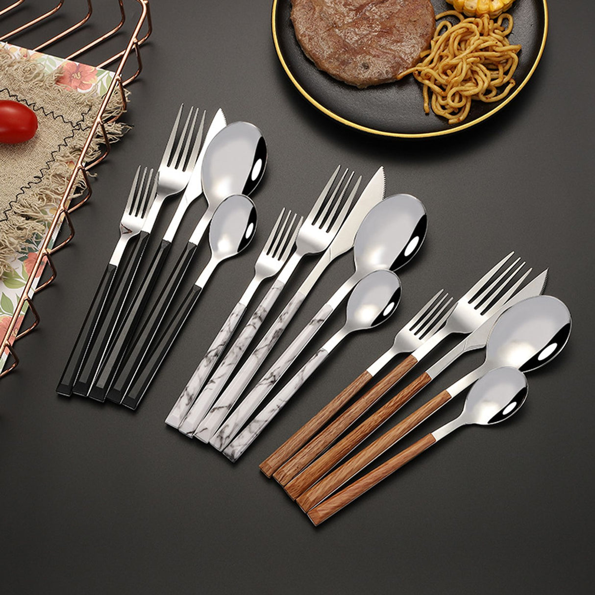 Tableware Cutlery Set Stainless Steel Dinner Knives Forks Spoons Eating Utensils High Hardness Flatware Set Black Handle