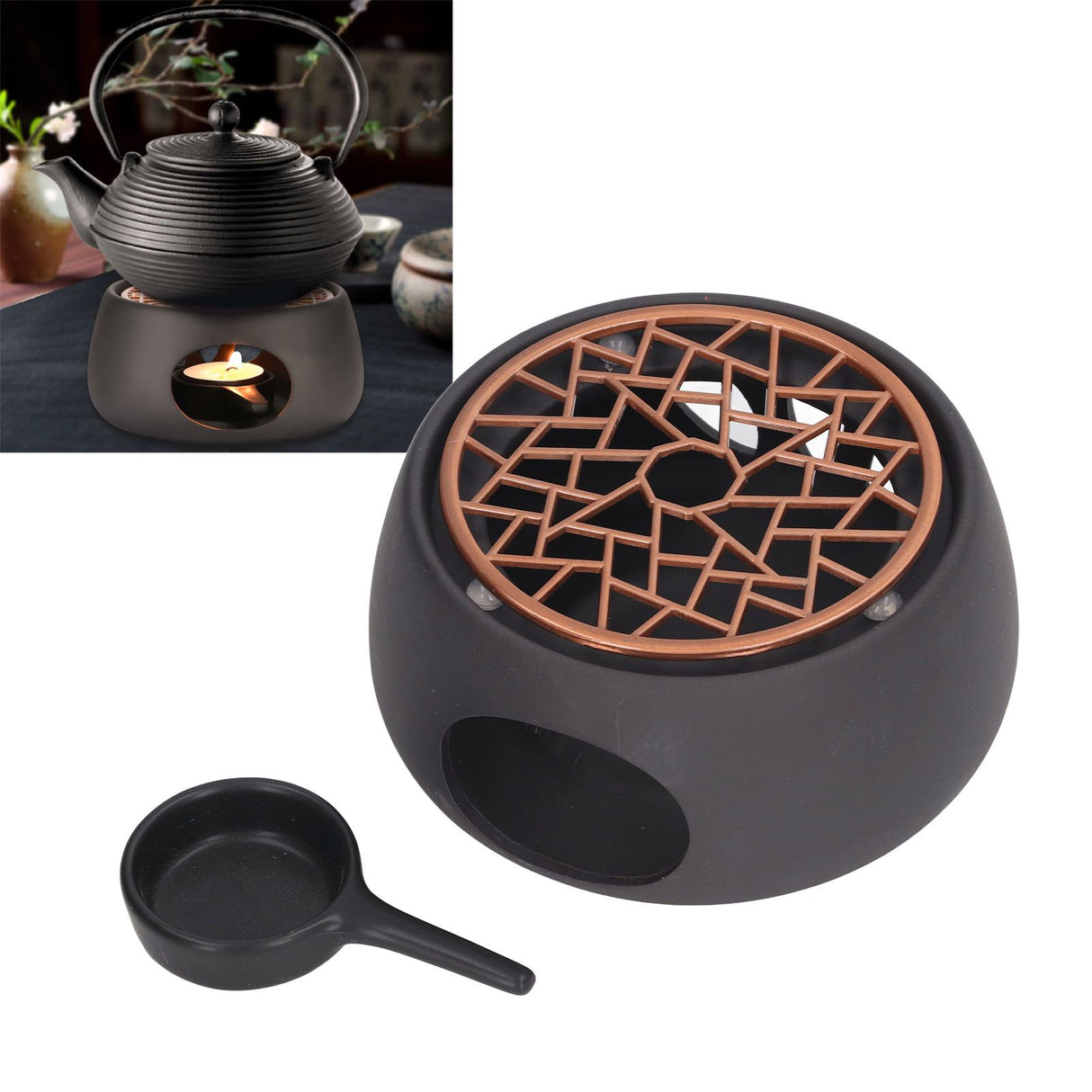 Teapot Warmer Base Ceramic Candle Heater Tea Coffee Milk Light Warmer with Purple Iron Pad for Home Black A Pad