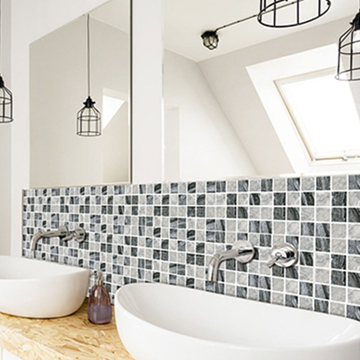 30PCS Mosaic Wallpaper PVC 3D Waterproof Oil Proof Self Adhesive Wall Sticker for Kitchen Countertops Light Grey Lattice