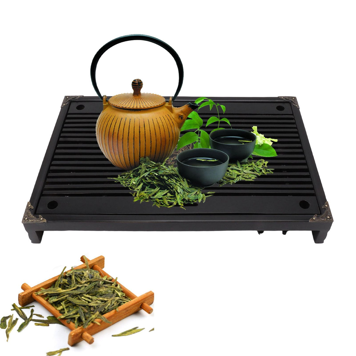 Gongfu Tea Tray Water Storage Drainage Home Decoration Ornament Serving Tray for Office Black