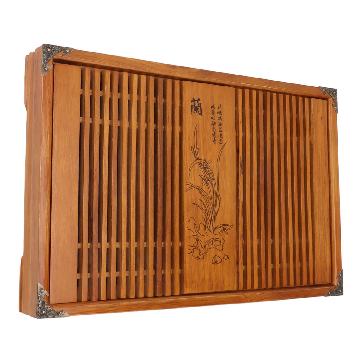 Kungfu Tea Tray Chinese Gongfu Tea Tray Drainage Water Storage Wood Tea Table with Drain Pipe Yellow Orchid